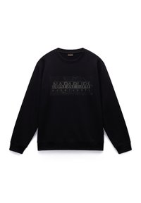 Zwarte sweatshirt met een ronde hals, lange mouwen en een textured logo graphic op de voorkant. Zacht materiaal met geribbelde manchetten en zoom.