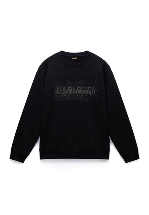 Zwarte sweatshirt met een ronde hals, lange mouwen en een textured logo graphic op de voorkant. Zacht materiaal met geribbelde manchetten en zoom.