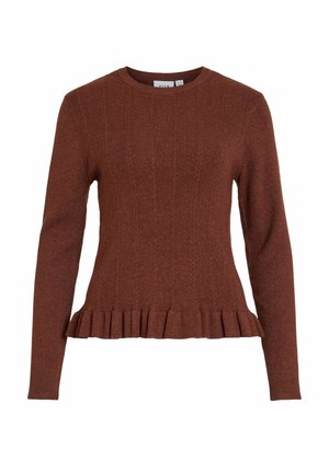 Suéter de punto marrón con mangas largas, cuello redondo, textura de canalé y dobladillo inferior con volantes. Presenta patrones de trenzado vertical.