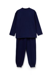 Tmavě modrý domácí souprava zahrnující dlouhý rukáv s kulatým výstřihem a zúžené kalhoty s elastickými manžetami. Jemná textura látky.