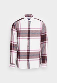 Camicia a quadri con una combinazione di colori bordeaux, rosa, grigio e bianco. Realizzata in un tessuto dalla consistenza liscia, presenta un design con bottoni.