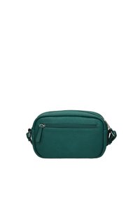 Borsa a tracolla in pelle verde acqua con una finitura testurizzata, dotata di una tasca frontale con zip, tracolla regolabile e bordi curvi. Design compatto e rettangolare.