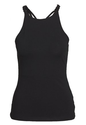 Sort tætsiddende tanktop med høj halsudskæring og dobbelte, tvistede skulderstropper, designet til kvinder.