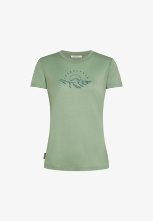 Light green short-sleeve T-shirt made of soft fabric, featuring a dark green mountain illustration and "ICEBREAKER" text above the design.