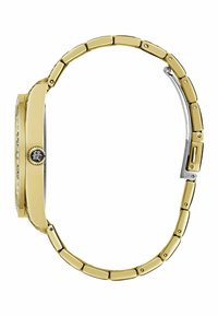 Guldtonet armbåndsur med et rektangulært urkasse, krystalbesat bezel og et sammenkoblet metalarmbånd med en lås i rustfrit stål.
