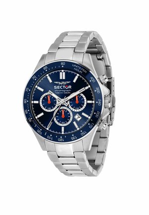 Orologio cronografo in acciaio inossidabile argentato con quadrante blu, tre sub-quadranti rossi, finestra per la data e bracciale in acciaio inossidabile.