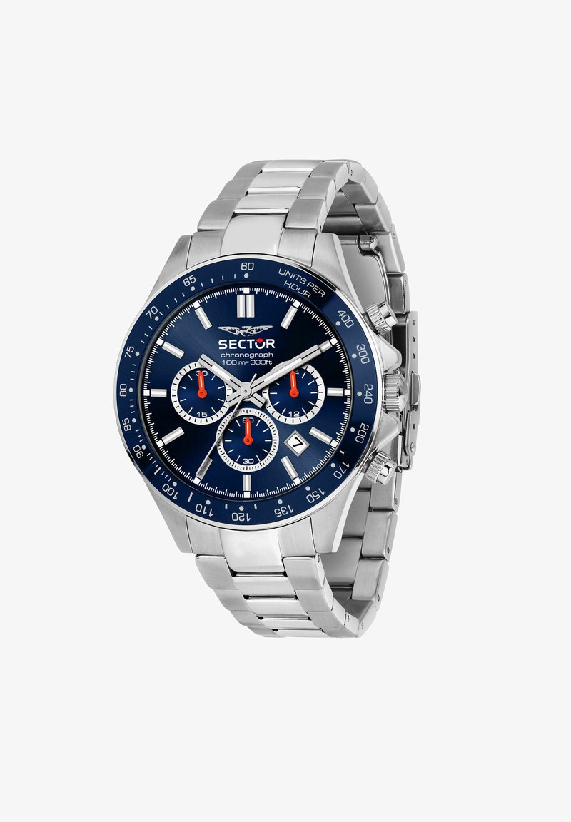 Orologio cronografo in acciaio inossidabile argentato con quadrante blu, tre sub-quadranti rossi, finestra per la data e bracciale in acciaio inossidabile.