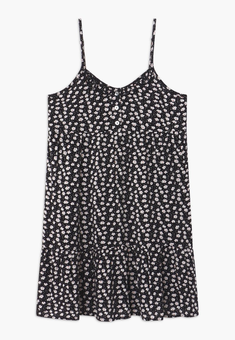 Robe noire sans manches avec bretelles fines et motif floral marguerite blanche, avec trois boutons sur le devant et un ourlet volanté.