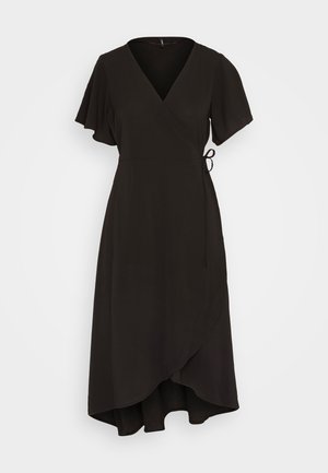 Black wrap dress with short flutter sleeves, a v-neckline, and an asymmetrical hem. Made of a smooth fabric, featuring a side tie.