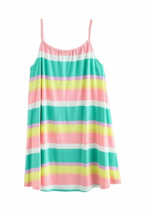 Robe d'été sans manches avec fines bretelles, présentant des rayures horizontales pastel en rose, vert, jaune, blanc et lavande, avec une coupe ample.