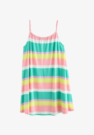 Robe d'été sans manches avec fines bretelles, présentant des rayures horizontales pastel en rose, vert, jaune, blanc et lavande, avec une coupe ample.