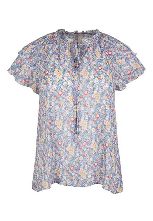 Kwiatowa bluzka z jasnoniebieskiego materiału, z falbankami na rękawach, dekoltem w kształcie kółka oraz kolorowymi wzorami kwiatów. Lekka i przewiewna.
