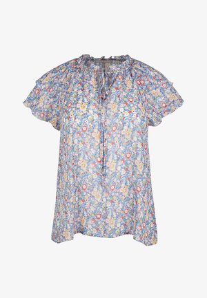 Blusa floral en tela azul claro, con mangas con volantes, escote de ojo de cerradura y patrones de flores coloridas. Diseño ligero y transpirable.