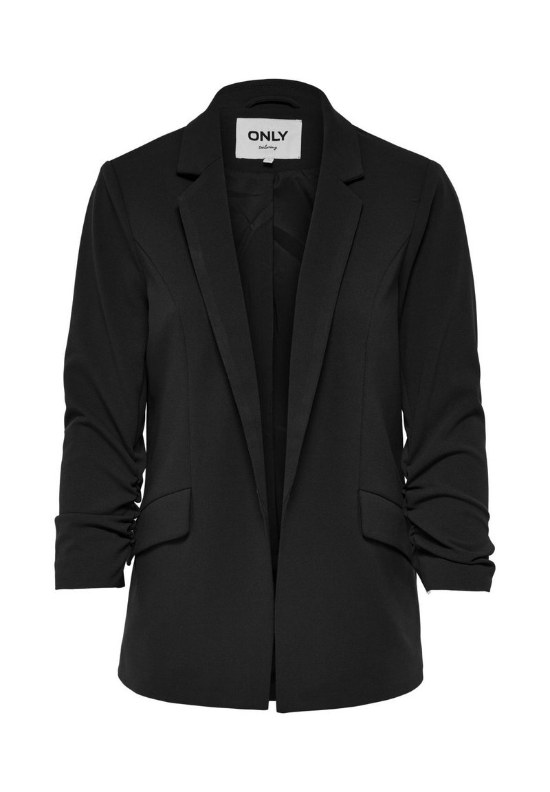 Zwarte blazer met een reverskraag, sluiting met één knoop, opgestikte zakken aan de voorkant en gathered mouwen; gemaakt van een gladde, gestructureerde stof.