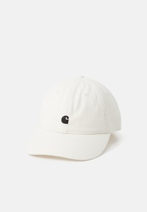 White cotton baseball cap with a curved brim, featuring a small black embroidered logo on the front and visible stitching detail on the crown.