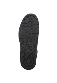 Black rubber shoe sole with textured gripping pattern, featuring grooves and raised designs for traction. Measures approximately size 42.