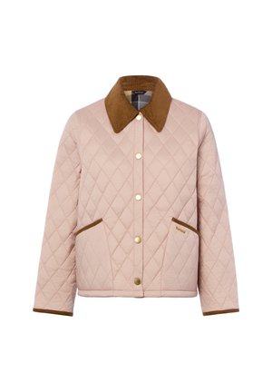 Lichtroze gewatteerd jack met een bruine corduroy kraag en zakranden, gouden drukknopen aan de voorkant en zijzakken.