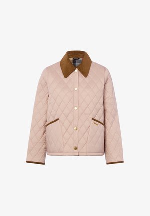 Lichtroze gewatteerd jack met een bruine corduroy kraag en zakranden, gouden drukknopen aan de voorkant en zijzakken.