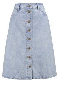 Helleblaue Jeans-A-Linien-Rock mit Knopfverschluss, ausgestattet mit sieben Messingknöpfen, Gürtelschlaufen und einem knielangen Saum.