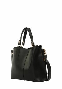 Black leather tote bag with two top handles and a removable shoulder strap. Features gold-tone hardware and a structured design.