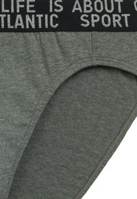 Zielone bawełniane slipy z czarnym elastycznym pasem, na którym widnieje tekst "ŻYCIE JEST O" oraz "ATLANTIC SPORT" w kolorze srebrnym. Gładka tekstura.