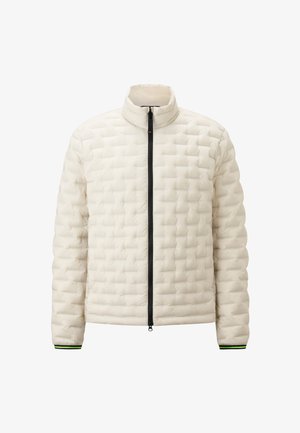 Puffermantel in hellcremefarbener Ausführung, mit gestepptem Design, hohem Kragen, Front-Reißverschluss und grünen Akzenten an den Bündchen.