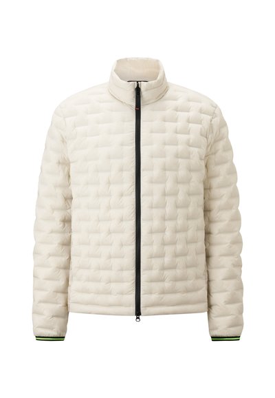 Puffer jacket in light cream color, featuring quilted texture, high collar, front zipper closure, and green accent on cuffs.