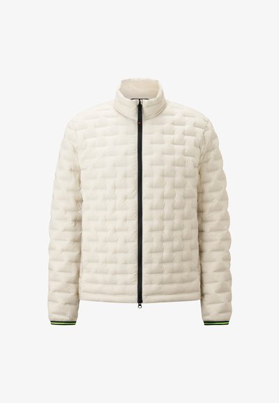 Puffer jacket in light cream color, featuring quilted texture, high collar, front zipper closure, and green accent on cuffs.