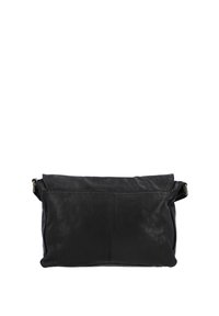 Schwarze Leder-Crossbody-Tasche mit rechteckiger Form, glatter Textur, umklappbarem Deckel und verstellbarem Riemen. Minimalistisches Design ohne sichtbare Beschläge.