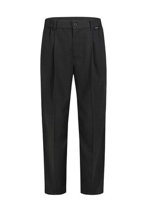 Black pinstripe tapered dress pants with front pleats, button closure, belt loops, and side pockets.