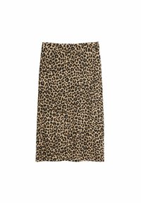 Bleistiftrock im Leopardenmuster mit beiger Grundfarbe und schwarzen Flecken, glatter Textur, knielangem Design und figurbetontem Schnitt.