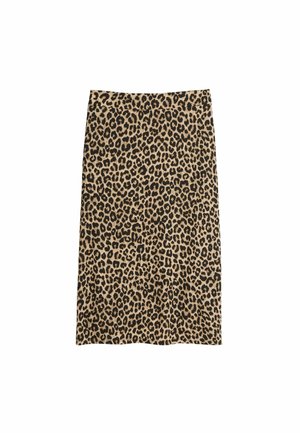 Pencilskirt i leopardprint med en beige bund og sorte pletter, glat tekstur, knælangt design og tætsiddende silhuet.