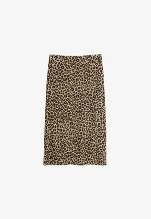 Pencilskirt i leopardprint med en beige bund og sorte pletter, glat tekstur, knælangt design og tætsiddende silhuet.