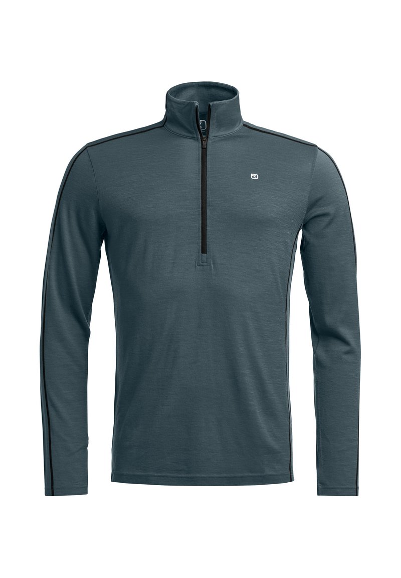 Long-sleeve quarter-zip pullover in blue-green fabric, featuring black side stripes and a structured collar, with a front zipper and logo detail.