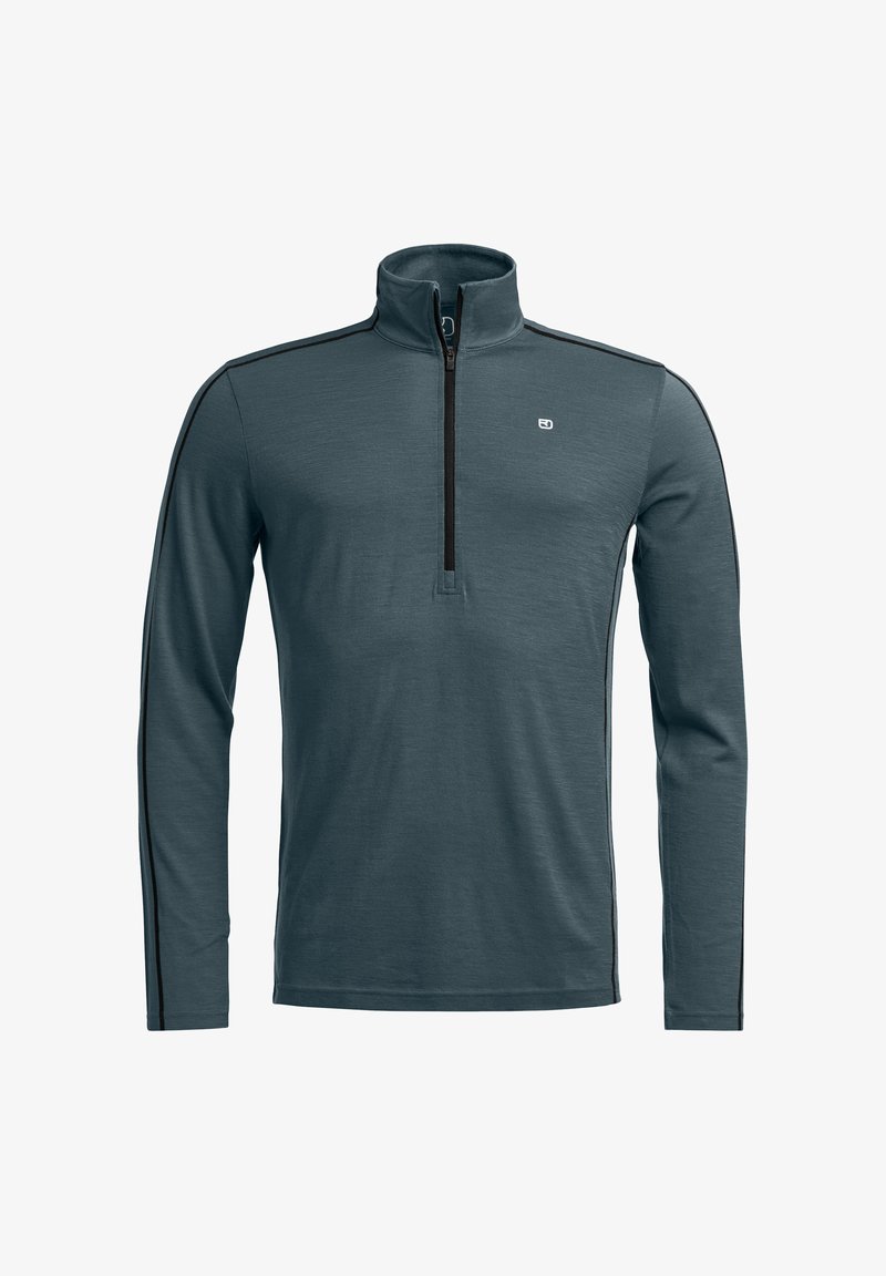 Long-sleeve quarter-zip pullover in blue-green fabric, featuring black side stripes and a structured collar, with a front zipper and logo detail.