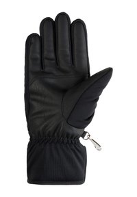 Schwarzer Handschuh mit Lederhandfläche und Stoffmanschette. Verfügt über einen Daumen, vier Finger und ein Reißverschlussdetail an der Manschette. Glatte Textur.