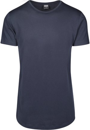 Tricou scurt cu mânecă, de culoare albastru marin, fabricat din bumbac moale, cu gât rotund și o croială lejeră. Textură netedă, fără modele vizibile.
