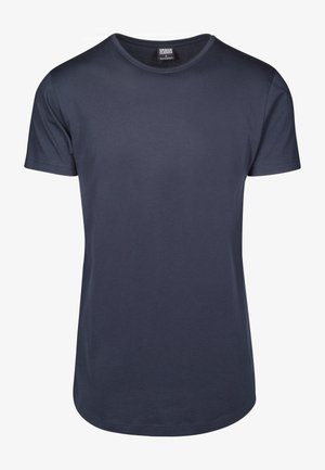 Sötétkék, rövid ujjas póló, puha pamutból készült, klasszikus kerek nyakkivágással és laza fazonnal. Simaság jellemzi, látható minták nélkül.