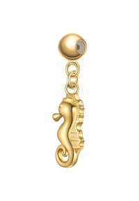 Zlatni amulet v obliki morskega konjička z teksturiranim dizajnom in gladkim okroglim priponka. Ima zanko in zapleteno detajliranje na morskem konjičku.