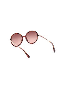 Ochelari de soare rotunzi cu ramă din tortoise brown, lentile roz gradient și accente metalice pe temple. Design elegant și modern.