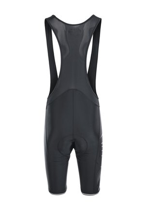Sorte cykel bib shorts med netpanel bagpå, polstret sædeområde og glat, strækbart stof. Har minimalistiske logo accenter på siden.