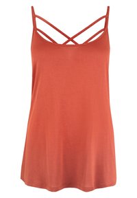 Top a canotta ruggine con una vestibilità morbida, caratterizzato da sottili spalline incrociate sul retro. Realizzato in un tessuto liscio e morbido. Nessun motivo o decorazione.