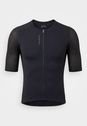 Musta lyhythihainen pyöräilypaita, jossa täysi vetoketju edessä, verkkokankaiset hihat ja pystysuuntainen "isadore"-logo rinnassa.