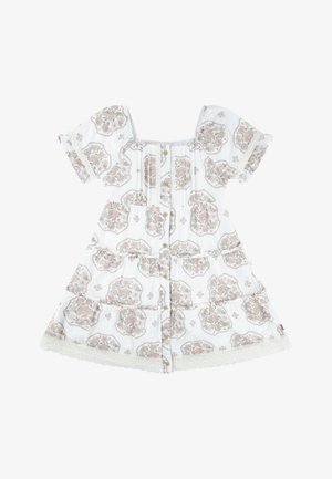 Abito bianco con motivi floreali in rosa pallido e beige. Maniche corte a sbuffo, chiusura frontale con bottoni, design a strati e pizzo lungo l'orlo.