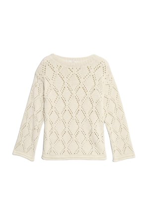 Cremefarbener Pullover mit einem rautenförmigen Spitzenmuster, geripptem Halsausschnitt und Bündchen sowie langen Ärmeln. Strickdesign mit einem offenen Webmuster.
