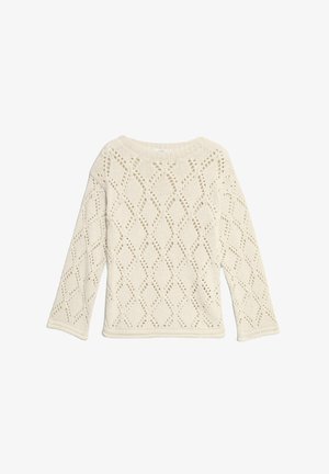 Crèmegekleurde trui met een ruitvormig kantpatroon, geribde halslijn en boorden, en lange mouwen. Gebreid ontwerp met open weefstructuur.