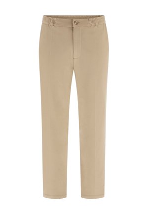 Pantalon beige à jambes droites avec une taille élastique, une fermeture à bouton et des détails de coutures à l'avant.