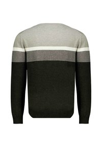 Herenpullover in grijs, wit en zwart met horizontale strepen. Voorzien van een ronde halslijn en ribbels aan de mouwen; zachte textuur.
