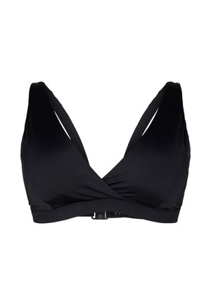 Soutien-gorge noir en style wrap avec des bretelles larges, en tissu lisse et avec une fermeture à l'avant. Il présente un décolleté en V profond et une construction sans couture.