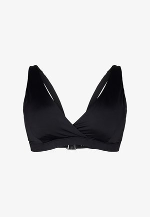 Bra nero a stile avvolgente con spalline larghe, tessuto liscio e chiusura frontale a gancio. Presenta un design a V profondo e costruzione senza cuciture.